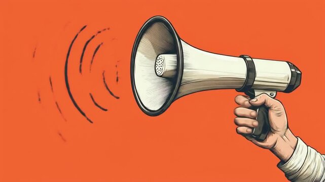 Hand holding megaphone against orange background for announcement and communication