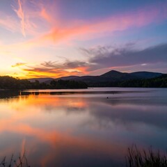 Obraz premium Serene lake sunset reflecting vibrant clouds (1)