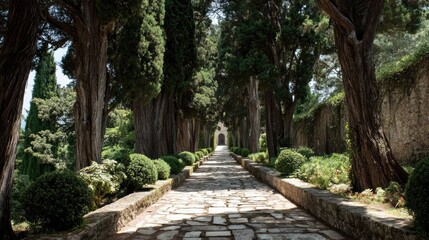 A long stone pathway stretches through a formal garden, lined with tall cypress trees and manicured greenery, leading toward distant hills and creating a sense of symmetry, elegance, and tranquility.