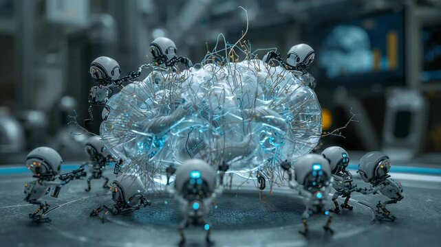 Reacting to signal, maintenance robots attaching wires to synthetic brain in lab boosting blue glow