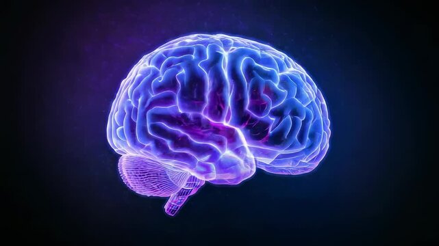 Rotating 3D brain shifting colors, seam appearing pulsing showing cerebellum against dark backdrop