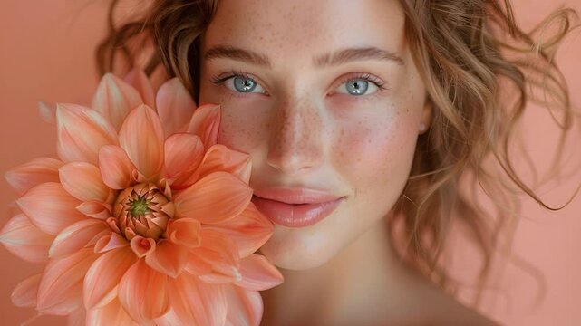 A young woman is smiling while holding a large flower near her face indoors. The background is a soft color that complements her features. Natural light highlights her expression