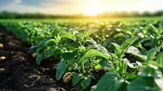 Lush green potato plants in sunlit field with fresh earth and sprouting vegetation