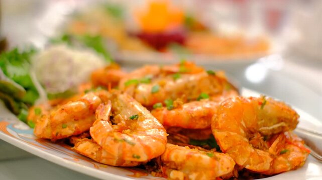 A plate of shrimp is served with a side of greens. The shrimp are cooked and appear to be seasoned well. The plate is set on a table with other plates of food