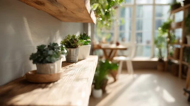 Medium framing of a therapy space interior centered on a woodtextured shelf with potted plants and natural light streaming in while background elements remain softly blurred.