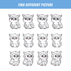 Find different owl each row. Logical game for kids. Cartoon owlet. Doodle style. Vector