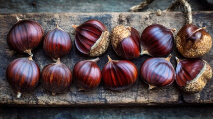 Obraz premium Freshly harvested chestnuts arranged in a row on rustic wooden surface showcasing their glossy shells and natural textures in warm brown tones