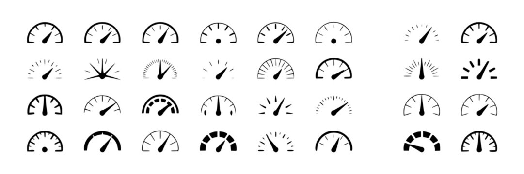 Collection of diverse black outline speedometers and gauges, representing performance and measurement in a flat design style for graphic resources