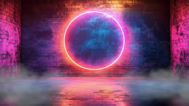 Neon glowing circle on vibrant brick wall in dark room. Black Friday sale