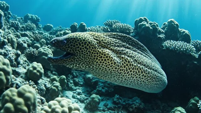 Spotted moray eel coral reef underwater ocean sunlight marine life predator sea fish aquatic Yellow spotted moray eel peeking from reef crevice underwater marine predator coral habitat with textured
