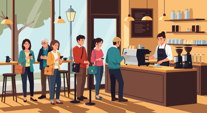 Customers standing in line waiting for order at coffee shop counter.