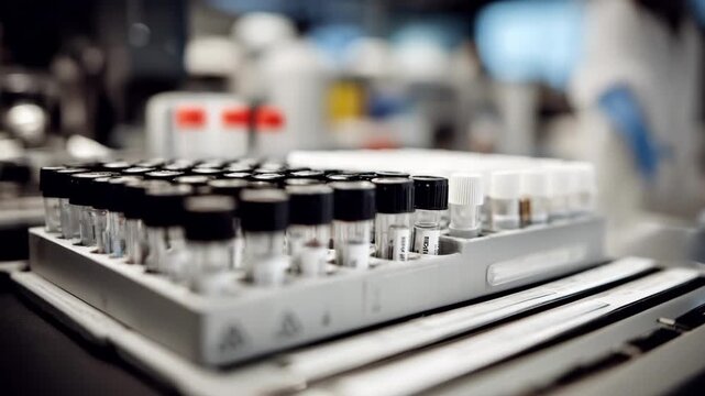 Medium shot of a small pointofcare testing bench with rapid flu test kits arranged neatly main test device in sharp focus and background blurred softly.