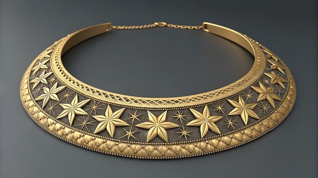 Ornate ancient gold torc necklace with star motifs