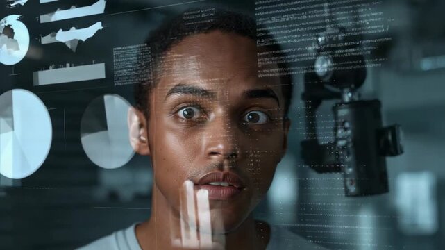 Focusing, tapping labtech on holo UI for study, charts expanding over face, probes at lips, camera