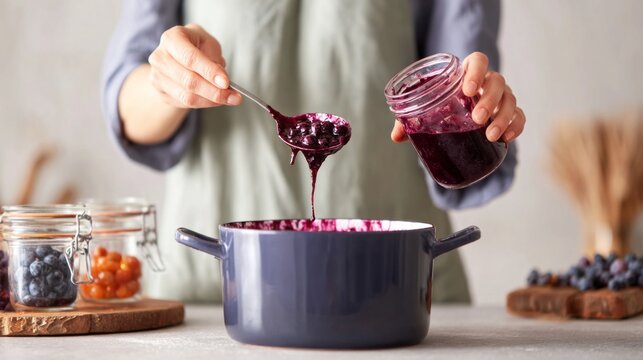 Home cooking fresh berry jam, spooning blueberry fruit preserves into a jar from a pot in a kitchen