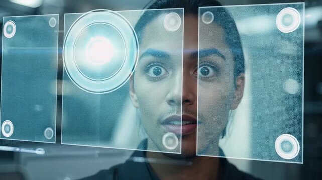 Touching bright circle, operator in dark shirt revealing system interface on glass panel