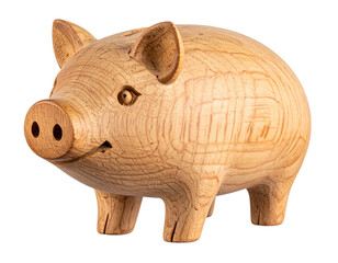Hand-Carved Wooden Pig Figurine Front View, Rustic Style, Isolated on Transparent Background
