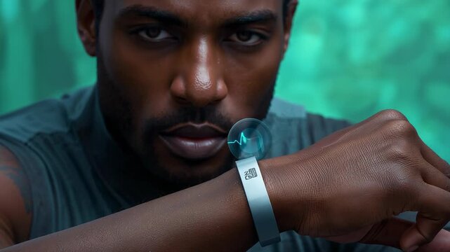 Bringing wrist close, fit man wearing tank top holding metal band at gym, watching holographic ECG