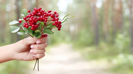Hand holding bunch of red wild berries picked in forest, showing harvest and nature connection