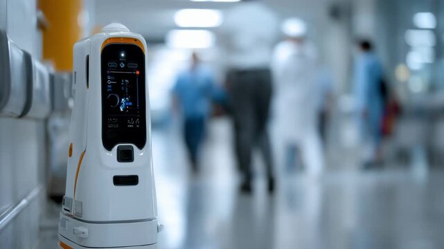 Focus on a robot pausing by a mapped junction point in a hospital delivering pharmaceuticals during peak hours while the surrounding busy indoor environment remains out of focus.