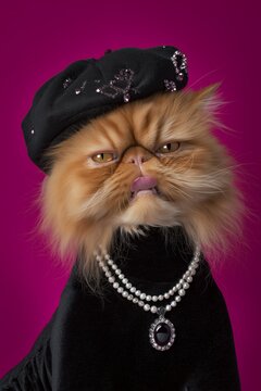 Gato persa elegante con boina negra y collar de perlas fondo fucsia, Gato con atuendo chic de lujo con joyas brillantes y boina parisina, Fondo premium con gato elegante para publicidad de moda