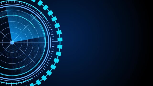 Futuristic digital radar interface data detection and monitoring technology. Blue scanning beam over grid display represents cybersecurity, surveillance systems, advanced digital tracking concepts.