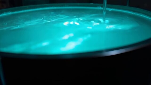 Pouring vertical stream into metal basin, glowing teal liquid forming ripples for lighting test