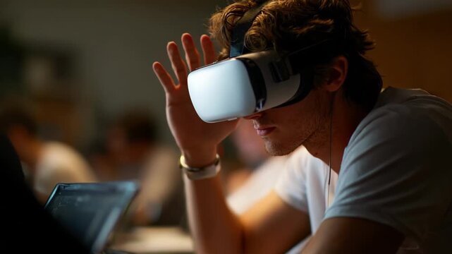 Person immersed in multiplechoice test simulation via VR headset medium shot captures intense focus virtual exam hall softly blurred to showcase testtaking immersion.