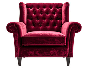  Luxurious Maroon Velvet Armchair Front View with Tufted Backrest, Classic Interior Style, Isolated on Transparent Background