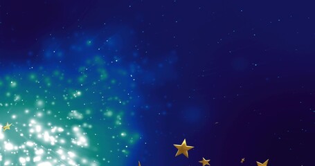 Obraz premium Glowing green-white nebula occupying left side of space, scattering dense sparkles and golden stars