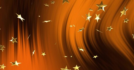 Obraz premium Floating metallic gold five-point stars with swirling golden-orange gradient on digital backdrop