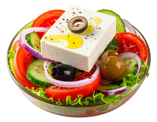 Top-Down Flat Lay of Greek Salad Ingredients Mixed Without Bowl, Minimal Composition, Isolated on Transparent Background