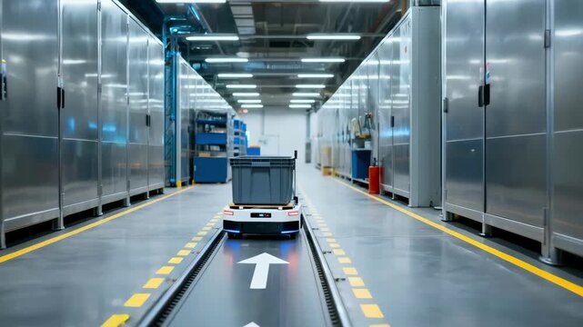 Medium shot of small robotic carts following marked floor tracks to efficiently transport byproduct bins across industrial corridors demonstrating automated material handling.