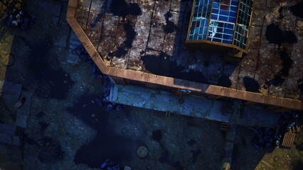 Obraz premium Aerial view of neglected rooftops and patches of shadow revealing a weathered urban scene, where sunlight plays over textured surfaces and scattered debris hints at past stories.