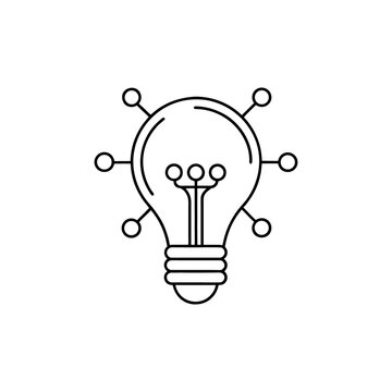 Networked Idea Generation Icon - Line Art Vector of a Lightbulb Connected to External Data Nodes, Symbolizing Innovation, Collaboration, and Distributed Intelligence Solutions.