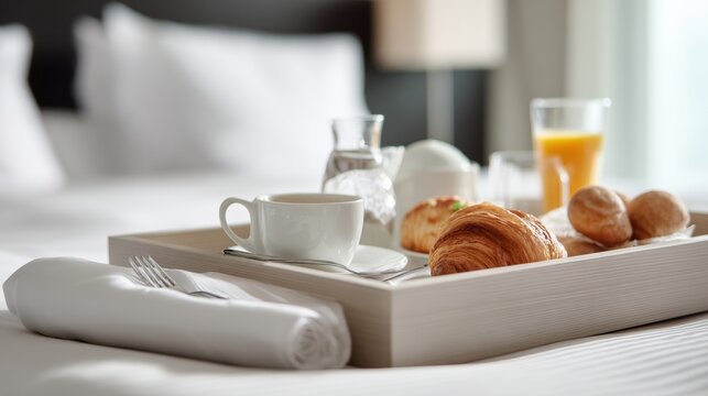 Breakfast Tray Placed on a Bed in a Hotel Room Showing Simple Food Items and Drinks for a Morning Meal