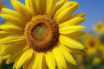 Bright sunflower stands tall under a clear blue sky during a sunny day in a field full of blooms