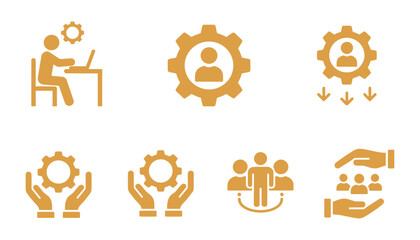 Set of human resource organization management with gear setting icon set teamwork structure hierarchy leadership diagram