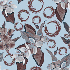 Colored Jasmine flowers with circles seamless pattern.