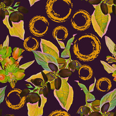 Colored Jasmine flowers with circles seamless pattern.