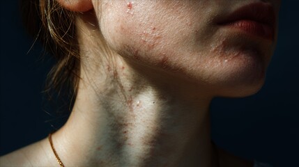 Fototapeta premium Close up view of a person's neck and face showing skin texture and blemishes in a well-lit indoor setting during daytime