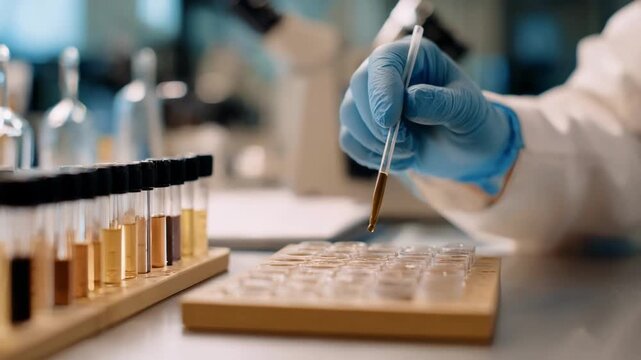 Medium shot focusing on a researcher applying plantbased pigments on paper samples with workspace equipment blurred softly in the background highlighting sustainable color testing.