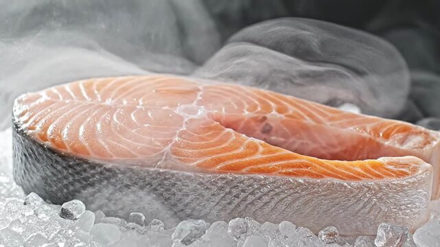 Fresh Salmon Steak on Ice with Smoke.