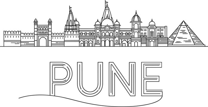 Pune skyline vector illustration with Indian landmarks and city name in outline style India landmarks