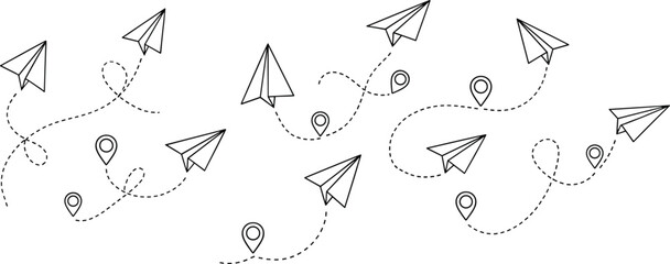 Obraz premium Paper airplanes flying on dotted lines with location pins on white background travel journey