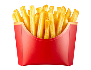 Red French Fries Carton Front View, Filled to the Top with Crispy Golden Fries, Isolated on Transparent Background