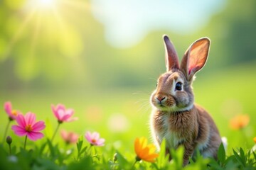 Fototapeta premium Happy bunny in spring meadow with wildflowers , field, pet