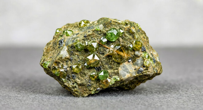 A collectible geological specimen of green demantoid garnet crystals on a metamorphic mineral matrix.