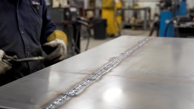 Industrial welder in protective gear inspecting a finished welding seam on a steel plate in a factory workshop