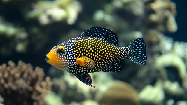 Spotted tropical reef fish swimming in clear ocean water
